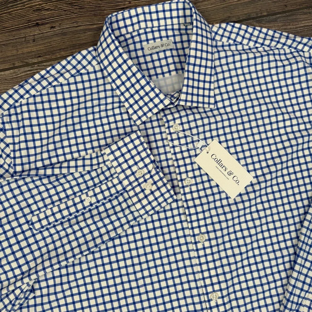 Collars & Co Mens Size 3XL Apex Performance Dress Shirt Blue‎ Grid Check New